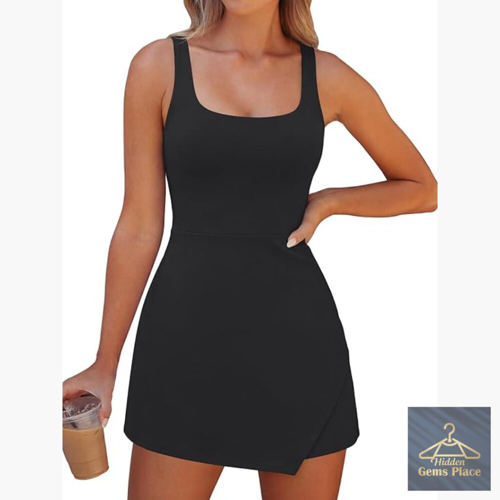 Sleeveless Tennis Dress with Built-in Shorts, Square Neck, Athletic Mini